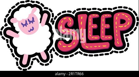 Sheep with sleep lettering patch. Stitched frame flat sticker. Dash line sleepy lamb drawing Stock Vector
