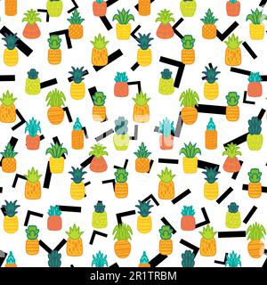 Whole pineapples vector seamless pattern. Summer juicy fruits, tropical wallpaper, textile design with memphis background Stock Vector
