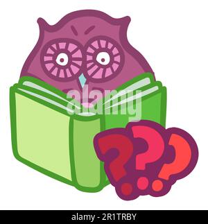 Sticker with funny owl studying, read book. School badge or label for education and back to school concept. Cartoon creative vector illustration Stock Vector