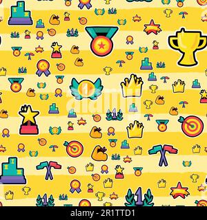 Winner prizes color seamless vector pattern. Winner trophies, awards, medals cartoon background Stock Vector