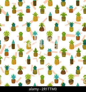 Whole pineapples vector seamless pattern. Summer juicy fruits, tropical wallpaper, textile design with memphis background Stock Vector