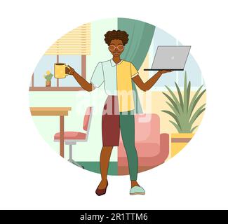 Dark-skinned girl in hybrid clothes,formal suit and homemade clothes with laptop in her hands against the backdrop of a working office and home cozy Stock Vector