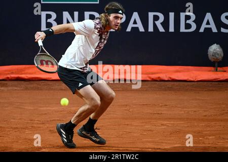 Rome, Italy. 15th May, 2023. Stefanos Tsitsipas of Greece in action during his match against Lorenzo Sonego of Italy at the Internazionali BNL d'Italia tennis tournament at Foro Italico in Rome, Italy on May 15th, 2023. Credit: Insidefoto di andrea staccioli/Alamy Live News Stock Photo