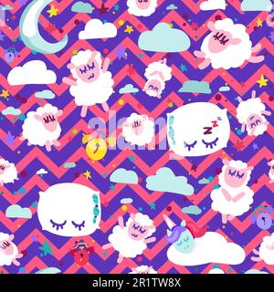 Night Time Dreams Symbols Seamless Pattern Banner. Cute Sheep and Pillow, Snooze and Moon, Cloud and Stars Isolated on Blue and Red Wave Striped Backg Stock Vector