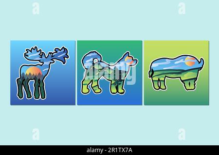 Mammals and nature double exposure illustration. Forest landscape in wild animal silhouettes Stock Vector