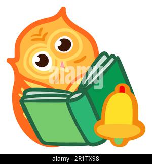 Cute owl read book. Back to school sticker design with cartoon bird holding book open and school bell icon. Template funny badge for education concept Stock Vector