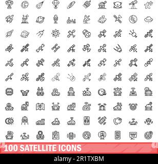 100 satellite icons set. Outline illustration of 100 satellite icons vector set isolated on white background Stock Vector