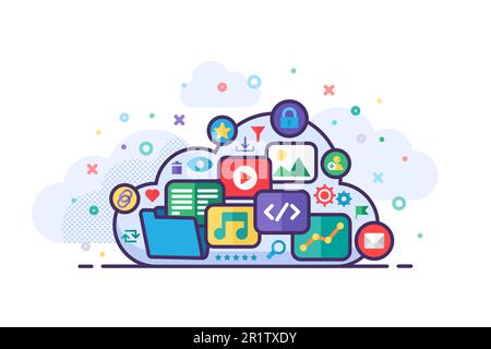 Vector Cloud Storage Concept Illustration with cloud with such symbols as graphics, document, music or audio, video or cinema, image or photo, code in Stock Vector
