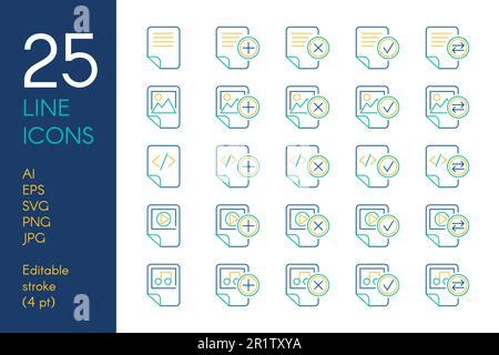 Documents and files color linear icons set. Data storage blue and ...