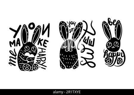 Rabbit vector illustrations set. Cute easter cartoon characters with lettering. Social media sticker Stock Vector