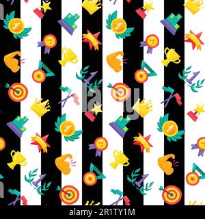 Awards seamless color cartoon pattern. Winner trophies, medals, rewards, prizes striped background Stock Vector