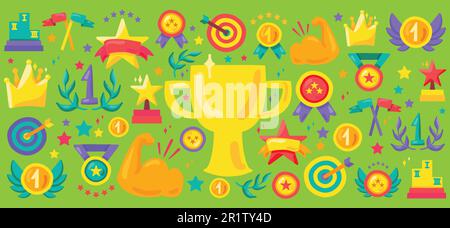 Sport achievement cartoon vector icon set. Awards flat illustrations. Champion trophy stickers Stock Vector