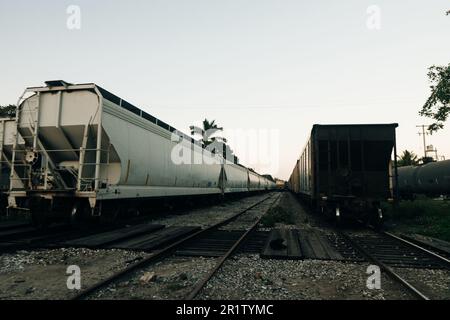 Cargo train prepared for loading at lime production plant. freight wagons at the station Stock Photo