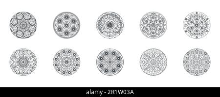 Monochrome geometric mandalas thin line vector illustrations set. Decorative ornament isolated on white Stock Vector