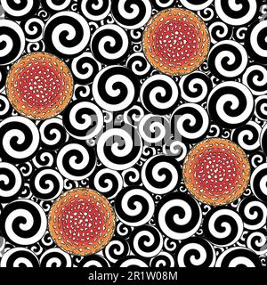 Seamless pattern with black and white swirls and caps of fly agaric mushroom. Color vector background. Stock Vector