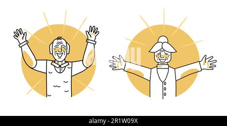 Happy grandfather and grandmother circle icon, emotion of happiness, facial expression with gestures. Joyful old people, expressing happy feelings. Ye Stock Vector