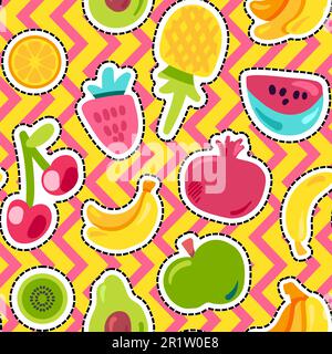 Fruits on zig zag background seamless pattern. Tropical fruits, berries on geometric backdrop Stock Vector