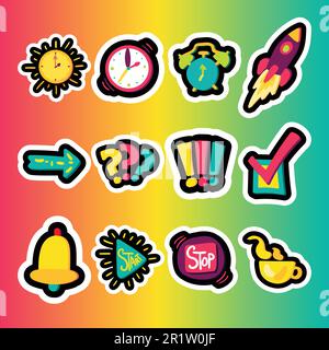 Time management flat illustrations set. Business, startup launch color stickers. Cartoon patches Stock Vector