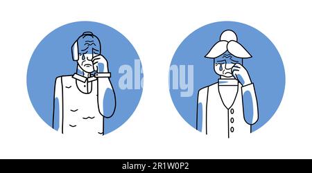 Crying grandfather and grandmother with emotion of melancholy circle icon, facial expression with gestures. Old people in sadness, expressing melancho Stock Vector