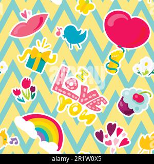 Love seamless cartoon pattern. Romance and dating texture. Romantic drawings zigzag background Stock Vector