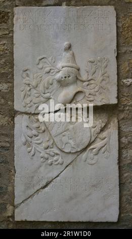 Gravestone of Afonso Teles de Meneses, 17th century. From Campo Maior (Portugal). Carmo Archaeological Museum. Lisbon, Portugal. Stock Photo