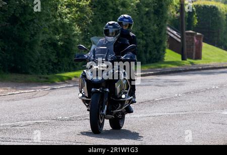 Stoke Goldington,Northants,UK - May 14th 2023. 2022 BMW R 1250 GS ADVENTURE TE motorcycle travelling through an English village Stock Photo