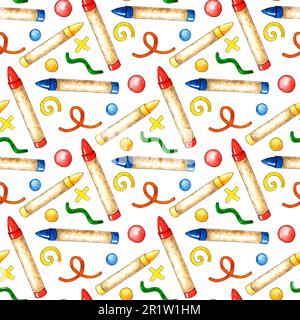 Watercolor illustration of a pattern of colored wax crayons and scribbles. Draw, create, work. "Back to School" Writing supplies for posters, posters, Stock Photo