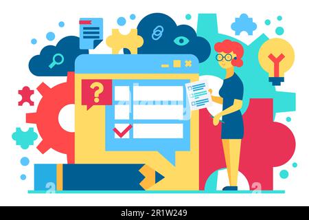 Character Woman Check Test in Internet Banner. Female with List Standing near Window Browser, Pencil and Lightbulb, Detail of Puzzle and Document File Stock Vector