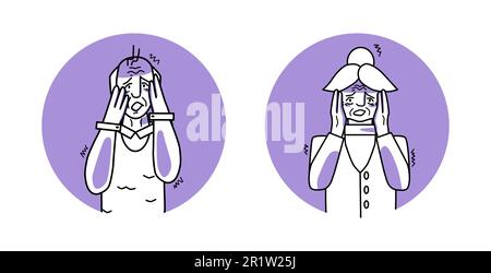 Frightened grandfather and grandmother circle icon, emotion of fear, facial expression with gestures. Old people are afraid, expressing their panic fe Stock Vector