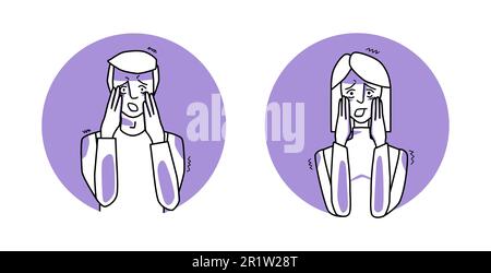 Frightened man and woman circle icon, emotion of fear, facial expression with gestures. Afraid people, expressing their panic feelings. Purple vector Stock Vector