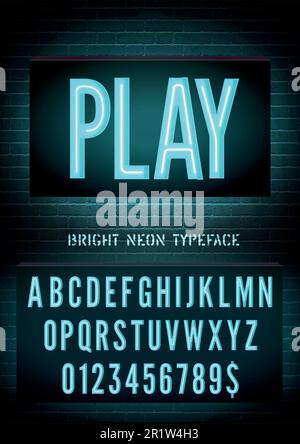 Narrow blue neon box font with numbers on dark brick wall background. Vector play night light box sign Stock Vector