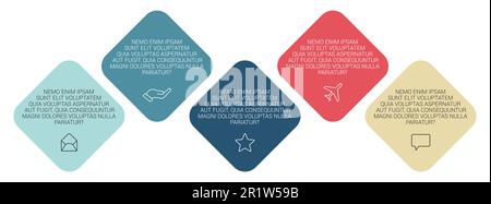 Five rotated squares on the bias arranged next to each other, can be used as infographics element illustrating steps in process Stock Vector