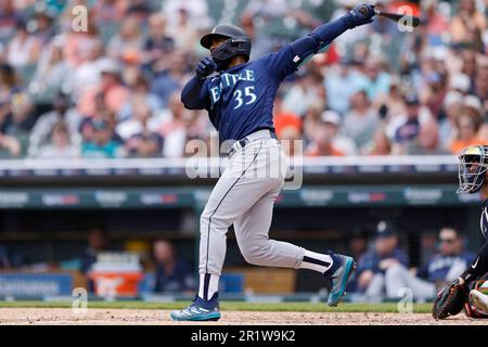 DETROIT, MI - Seattle Mariners designated hitter Teoscar Hernandez (35) hits a solo home run in the fourth inning of a Major League Baseball game against the Detroit Tigers on May 13, 2023 at Comerica Park in Detroit. (Photo by Joe Robbins/Image of Sport) Stock Photo