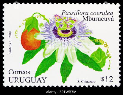 MOSCOW, RUSSIA - APRIL 08, 2023: Postage stamp printed in Uruguay shows Mburucuya or Passion Flower (Passiflora coerulea), Birds and Flowers serie, ci Stock Photo