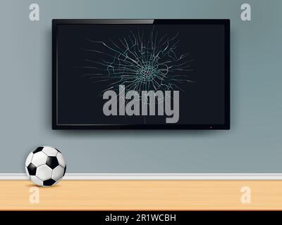 Smart tv broken screen on wall and soccer ball Stock Vector