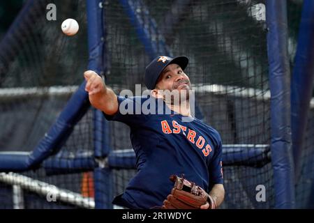 Houston Astros second baseman Jose Altuve smiles while waiting to take  batting practice before a baseball game against the Texas Rangers,  Wednesday, July 26, 2023, in Houston. (AP Photo/Kevin M. Cox Stock