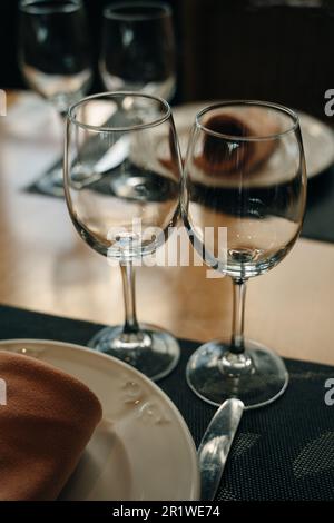 crystal or glass goblets on tables. High quality photo Stock Photo