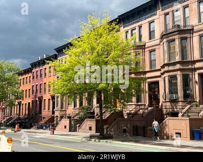 Brownstone walkup apartment buildings on 9th Street in the Park Slope neighborhood of Brooklyn, New York. Stock Photo