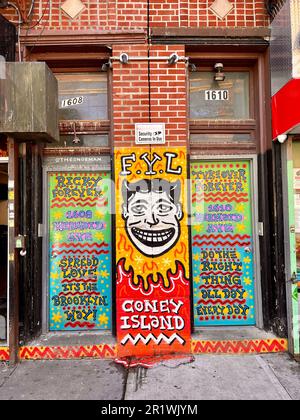 Decorated apartment building doorways in the Coney Island neighborhood along Mermaid Avenue. Brooklyn, New York. Stock Photo