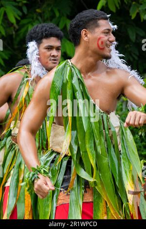 Kingdom of Tonga, Neiafu. Traditional welcome dancers in typical taʻovala, woven mat skirt worn by both men and women. Stock Photo