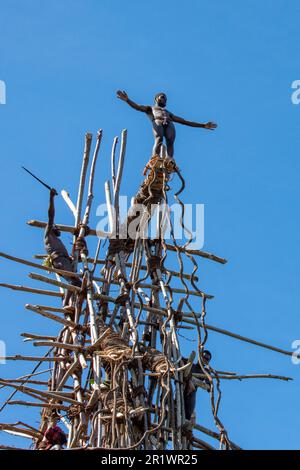 Vanuatu, Pentecost Island. Age-old ritual of land diving. Getting ready to jump. Stock Photo