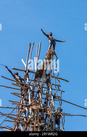 Vanuatu, Pentecost Island. Age-old ritual of land diving. Getting ready to jump. Stock Photo