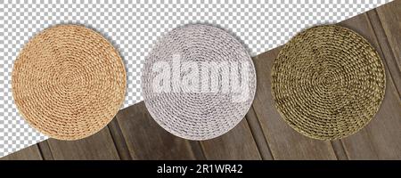 Set colored Round woven straw mats isolated against transparent background. Stock Photo