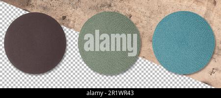 Set colored Round woven straw mats isolated against transparent background. Stock Photo