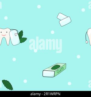 Seamless pattern with cute tooth character and mint gum pads, doodle style flat vector illustration Stock Vector