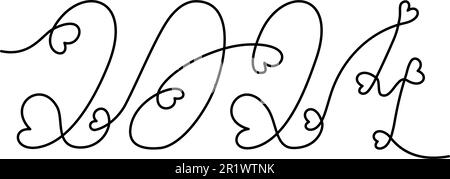 2024 Handwritten lettering in one solid line with hearts. Happy New Year. Line art. Isolate. Design for poster, banner, brochures, greeting or invitations cards, price tag, label or web. Vector. EPS Stock Vector