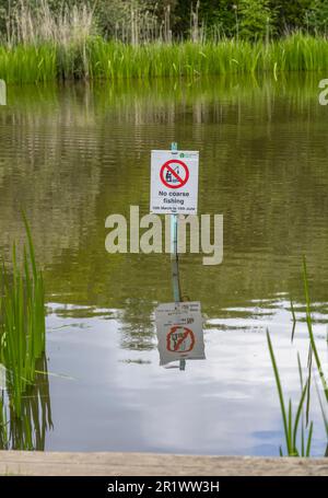 No coarse fishing sign at Ornamental Lake pond in the Common Park, Southampton, Hampshire, England, UK Stock Photo