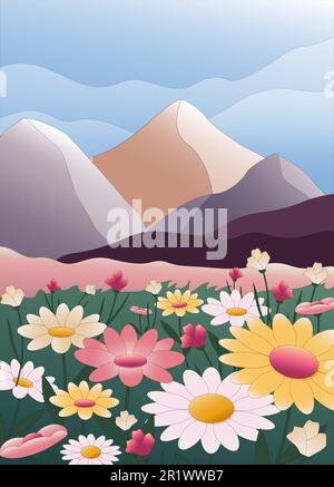 Mountain landscape and daisies. Green meadow with grass and colorful flowers. Environmentally friendly nature.  Stock Vector