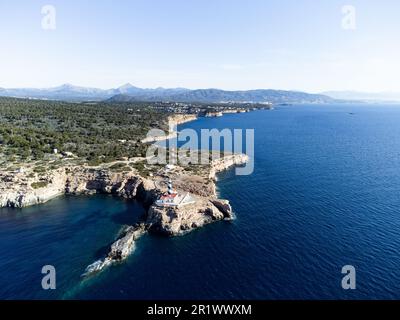 Cala Figuera lighthouse in Calvia, Mallorca, aerial view Stock Photo