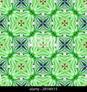 Seamless design painterly abstract pattern with organic flower petal motifs in geometric repeating design in green and blue. Stock Photo